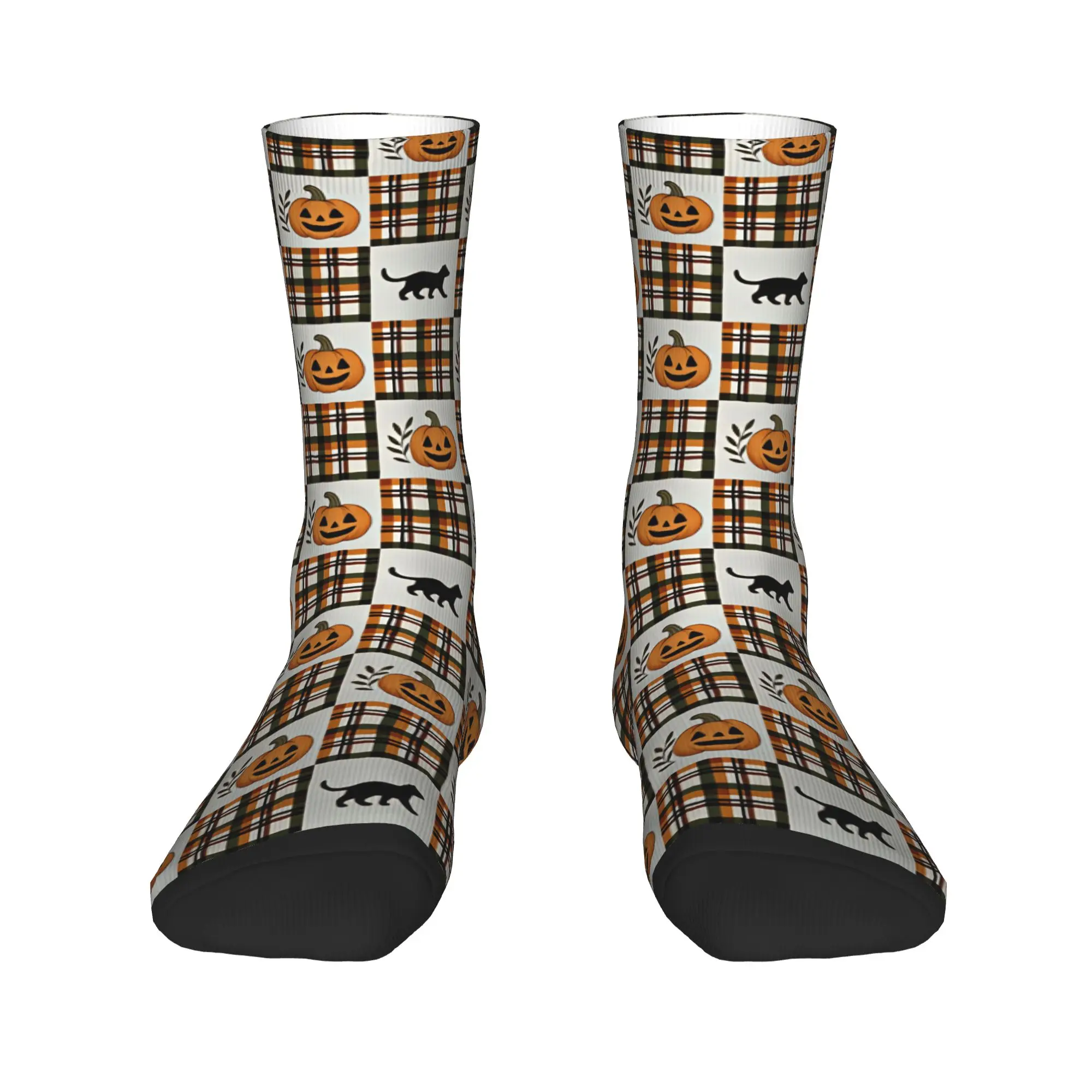 Halloween Plaid Black Cat Pumpkin Checkered Seamless Pattern Stockings  Retro Socks Men High Quality Socks Autumn Non-Slip Socks