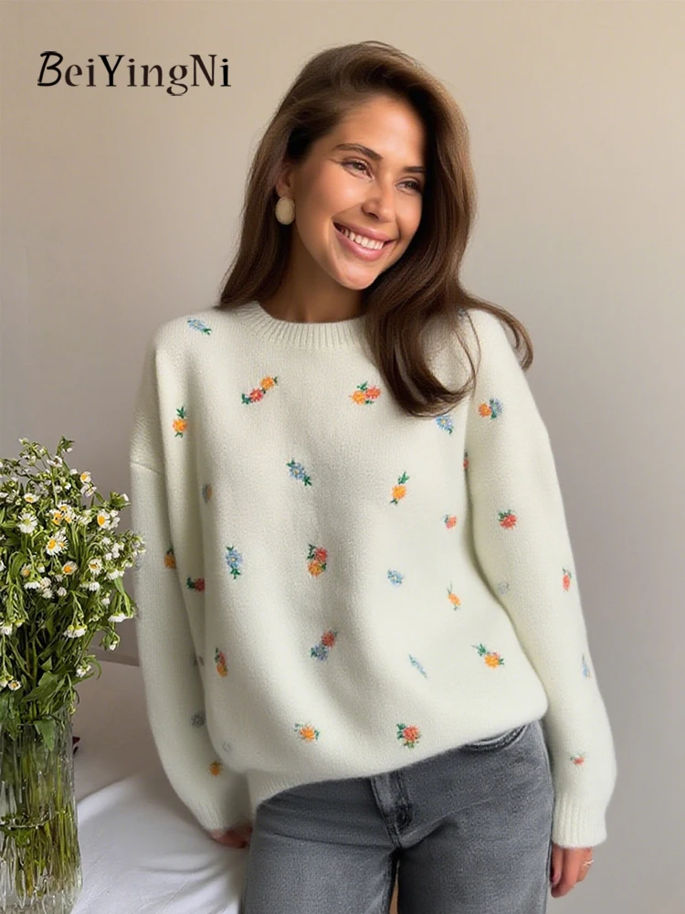 

Beiyingni O-neck Sweater for Women Floral Embroidery Fall Winter Loose Knitted Pullover Female Sweet Fashion Streetwear Sweaters
