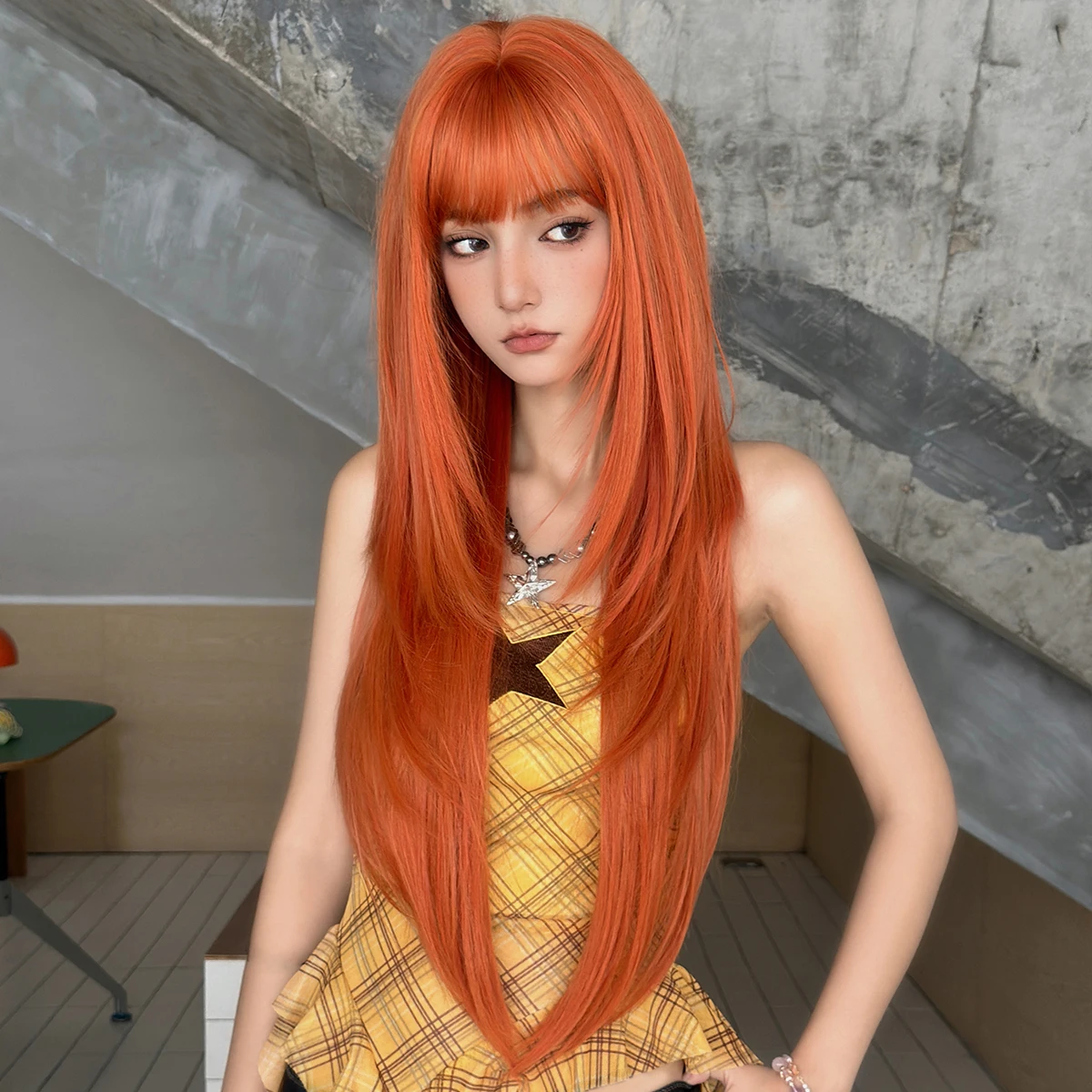 7JHH WIGS Long Straight Layered Orange Wig for Women Synthetic Modest Fashion Wear and Go Ginger Wigs with Neat Bangs - view 3