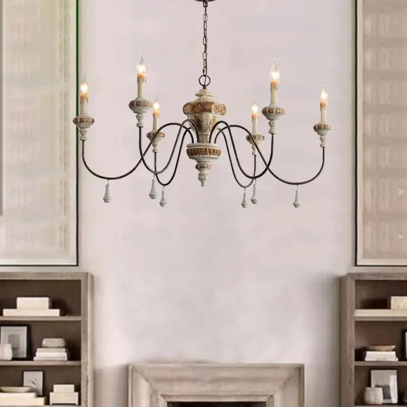 

French Chandelier Solid Wood Light Lamp Living Room Dining Room Kitchen Villa Hotel Bedroom American Rural 6 Heads Pendent Lamp