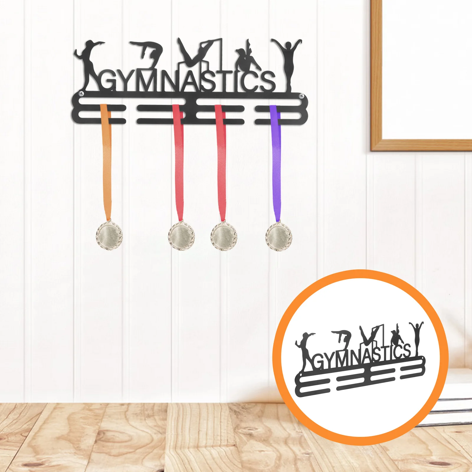 

Medal Hanger Black Stainless Steel Gymnastics Silhouette Design For Sports Award Display Wall Mount Trophy Shelf Race Bib Ribbon