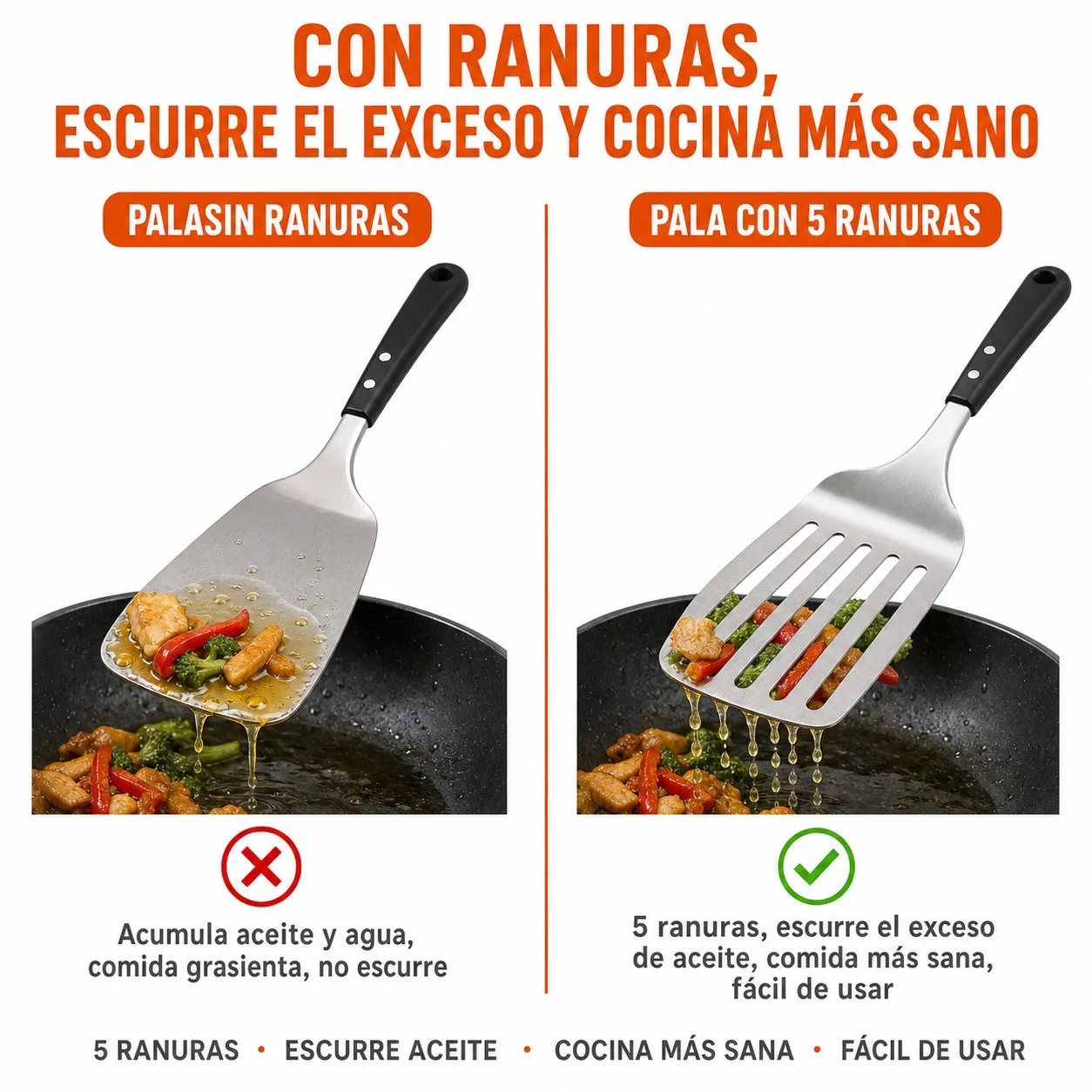 Fotografia 5: Espátula de Cozinha Profissional em Aço Inoxidável 430 com Cabo Ergonômico de PP, Espátula Plana com 5 Ranhuras para Drenar Gordura, Utensílio para Churrasco, Chapa e Frigideira, 34,5x8cm
