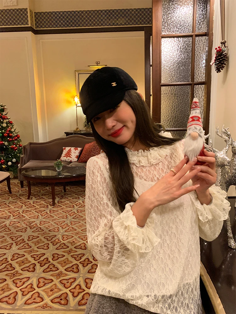 

White Lace Base irt Loose Women's Top Two-Piece Set Korean Sle Long Sve round Ne Regular Length Nylon Fabric