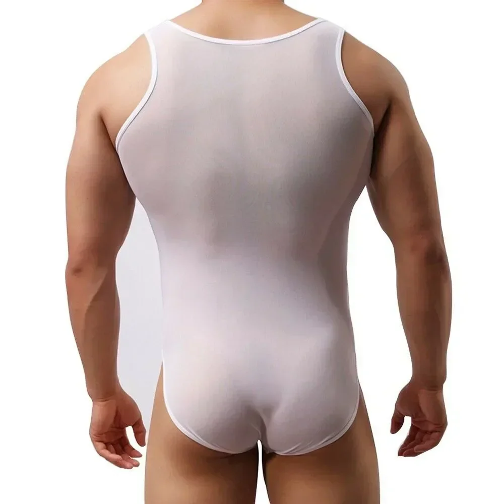 Men\'s Leotard Tan Tops Singlet Bodysuit Elastic Mesh Sheer Jockstrap Bulge Pouch Panties Lingerie Underwear Man Jumpsuit