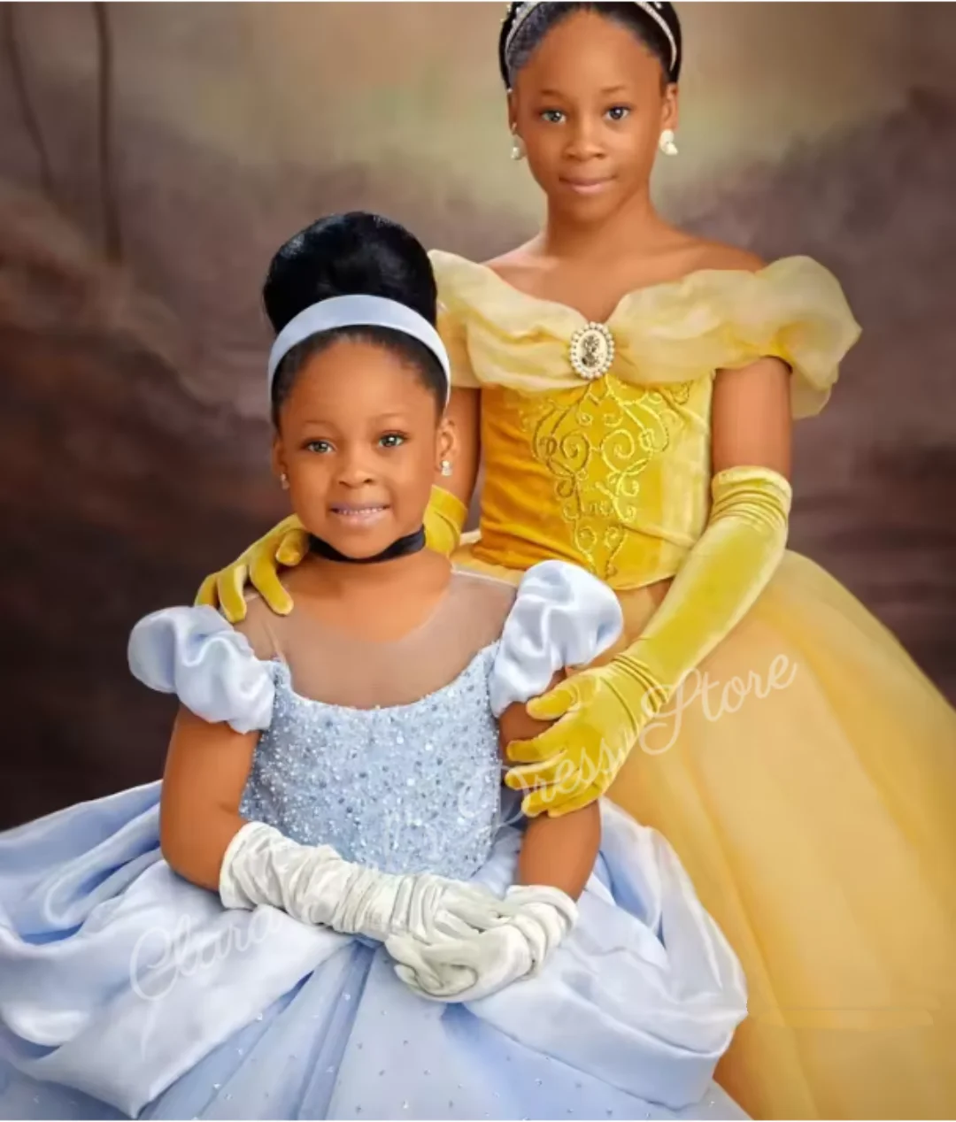 Robe de soirée à fleurs bleu clair pour filles, tenue de soirée à paillettes, col rond, ourlet Long, pour fête d'anniversaire, première Communion