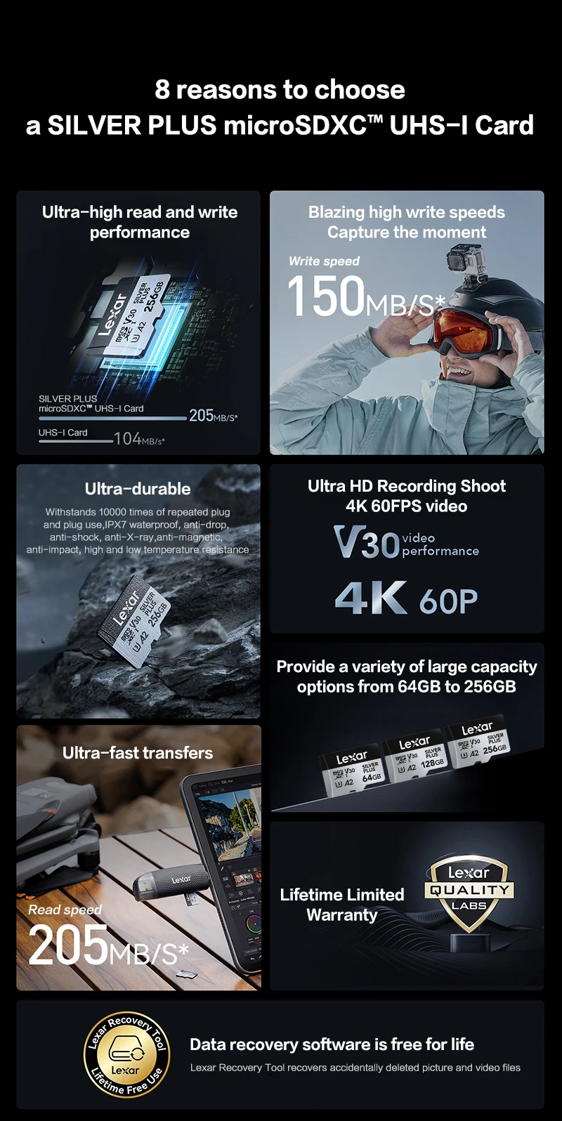 Lexar SILVER PLUS microSD-Karte SDXC UHS-I A2 V30 U3 205MB/s 1366X TF-Karte 64GB 128GB 256GB 512GB 1TB für DJI Drohne 4K Video – Detail 2