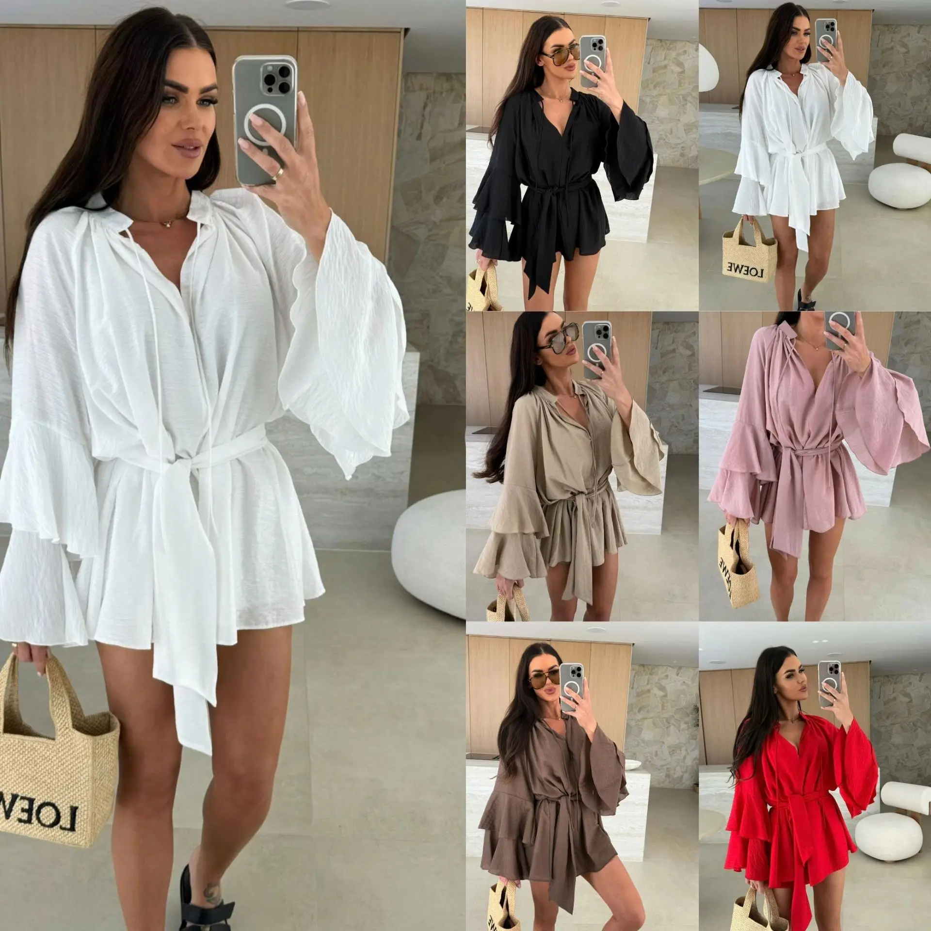 2025 Vestido camisero de mujer blanco suelto de manga larga Irregular de moda con cordones con cuello en V minifalda con volantes para mujer