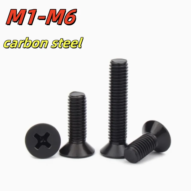 

100PCS M1 M1.2 M1.4 M1.6 M2 M2.5 M3 M3.5 M4 M5 M6 Black Cross Groove Flat Countersunk Head Bolt Carbon Steel