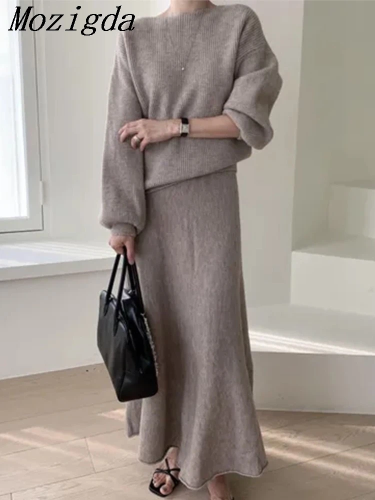 

Осень-зима шикарный вязаный комплект из двух предметов, свитер с пышными рукавами, пуловер Lazy Oaf, женская корейская юбка-миди, женские комплекты