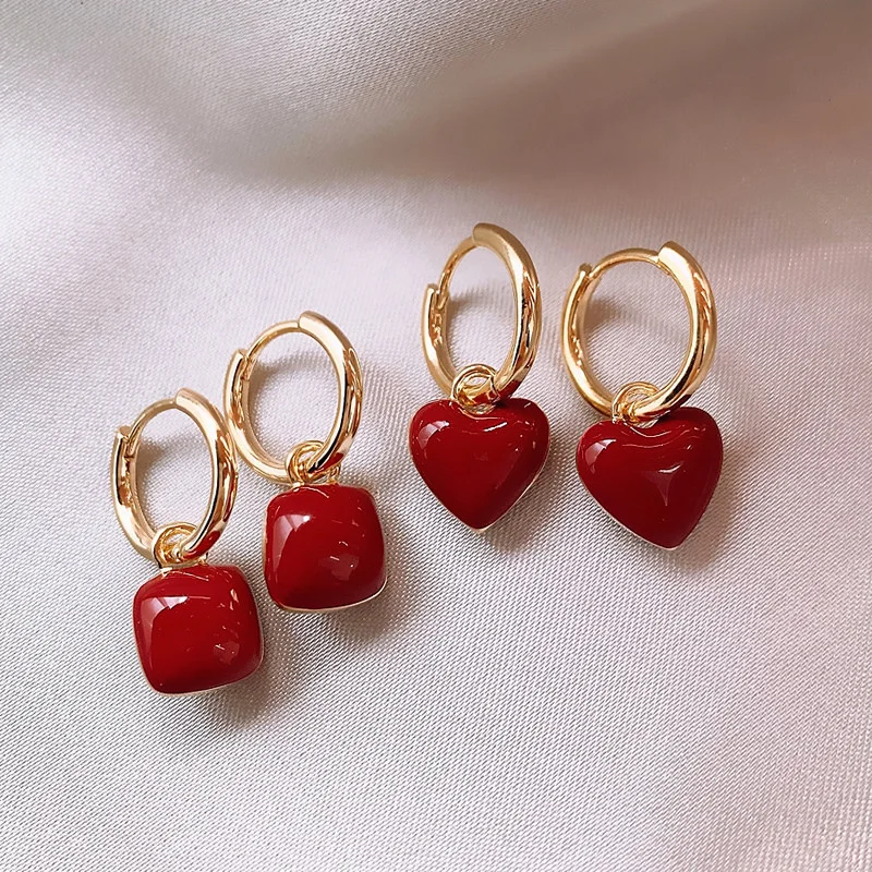 New Simple Design Wine Red Love Heart Dangle Earrings For Women Gold Color Circle Vintage Peach Drop Earring