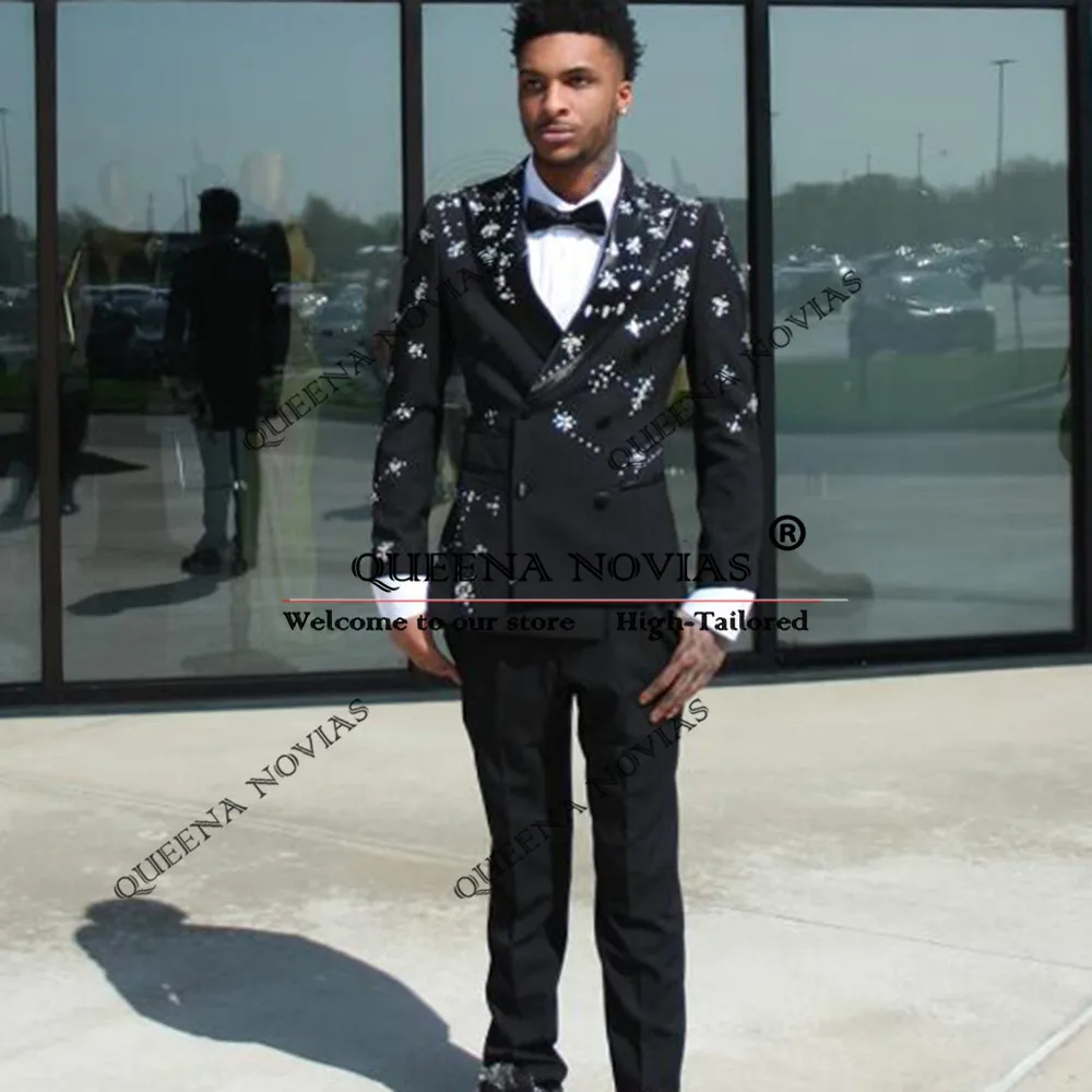 

Luxury Beads Jewelry Stones Suit Men For Wedding Customized 2 Pieces Man Banquet Party Dresess Groom Tuxedo trajes de hombre