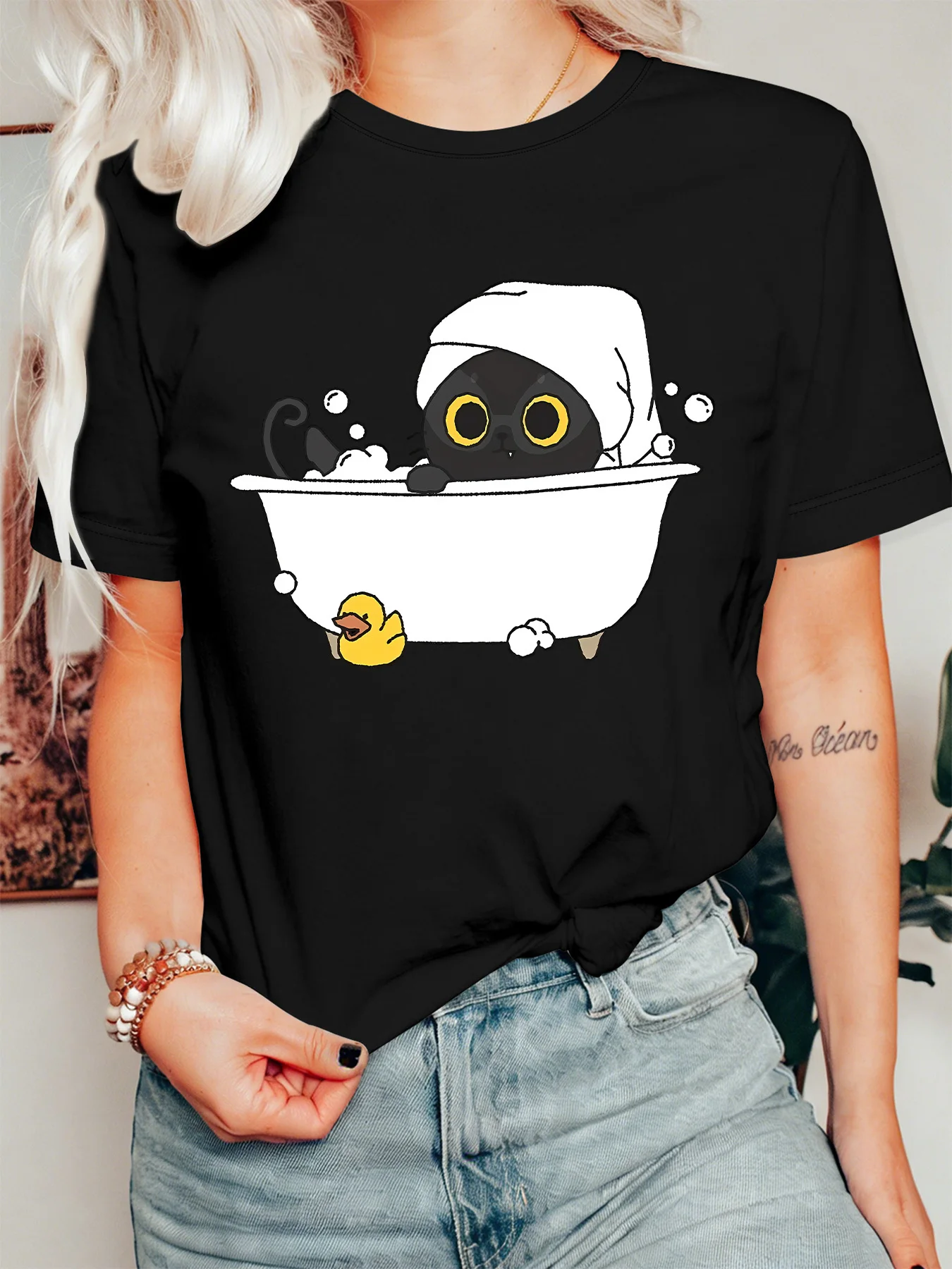 Cute Black Cat Bath Rubber Duck Womens Crew Neck Short Sleeve T Shirt Pet Kitten Fun Cartoon Casual Graphic Tees For Ladies