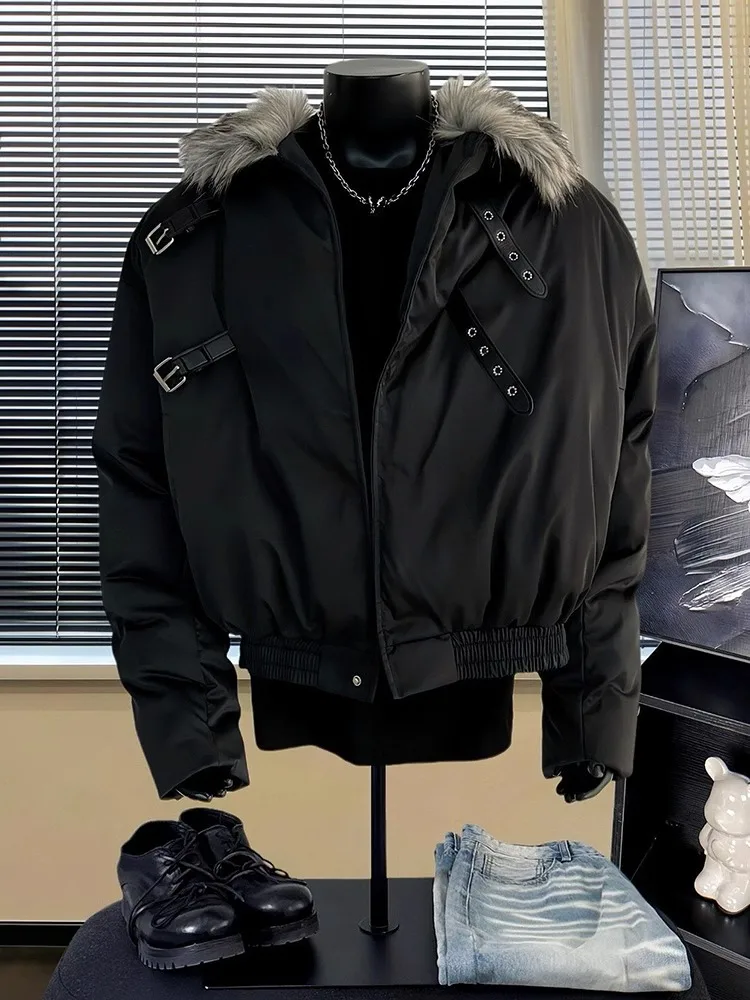 

Retro American Bla Pilot Jaet Cotton Coat Men Winter Cleanfit Belted Design Sense Fur Collar Outerwear Youth Trendy