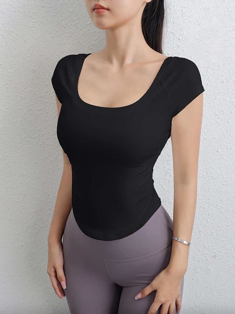 Women's Gym Workout Stretchy Bodycon Basic Tee Tops Crewneck Slim Fitted Short Sleeve Longline T-Shirt