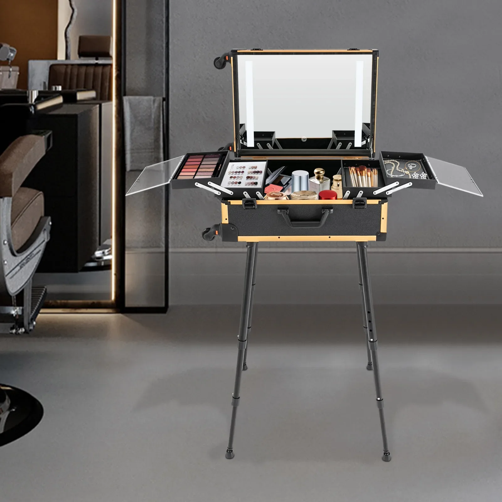 21-дюймовый профессиональный кейс для макияжа на колесиках с зеркалом со светодиодной подсветкой, регулируемой высотой и категориями для хранения