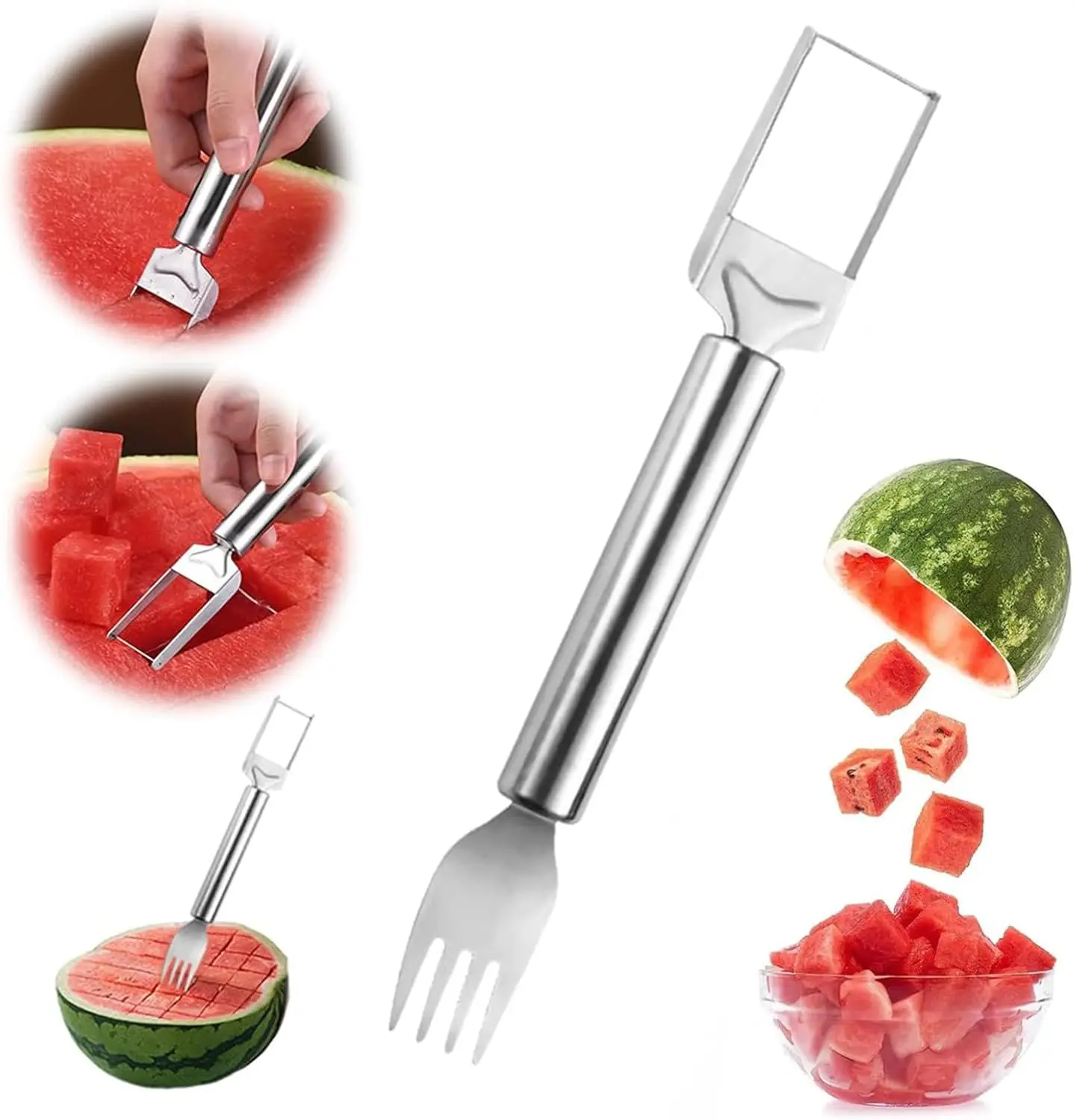 

Watermelon Fork , Stainless Steel 2-in-1 Portable Watermelon Double Head Fruit Forks Cutting , with Double Black Handle Watermel