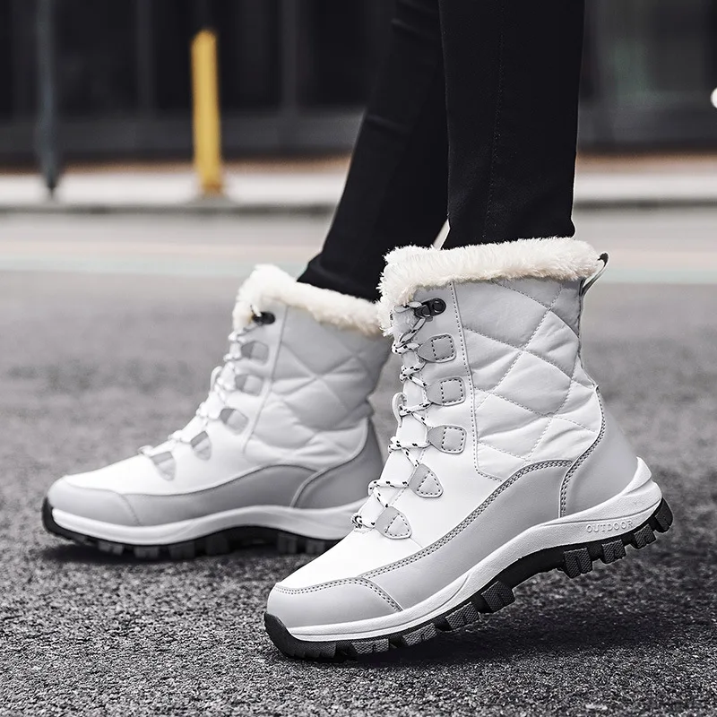 

New Winter Snow Boots White Warm Fur Lined Mid-Calf Boots Waterproof Shoes Rubber Sole Outdoor Hiking Trekking Cold Weather
