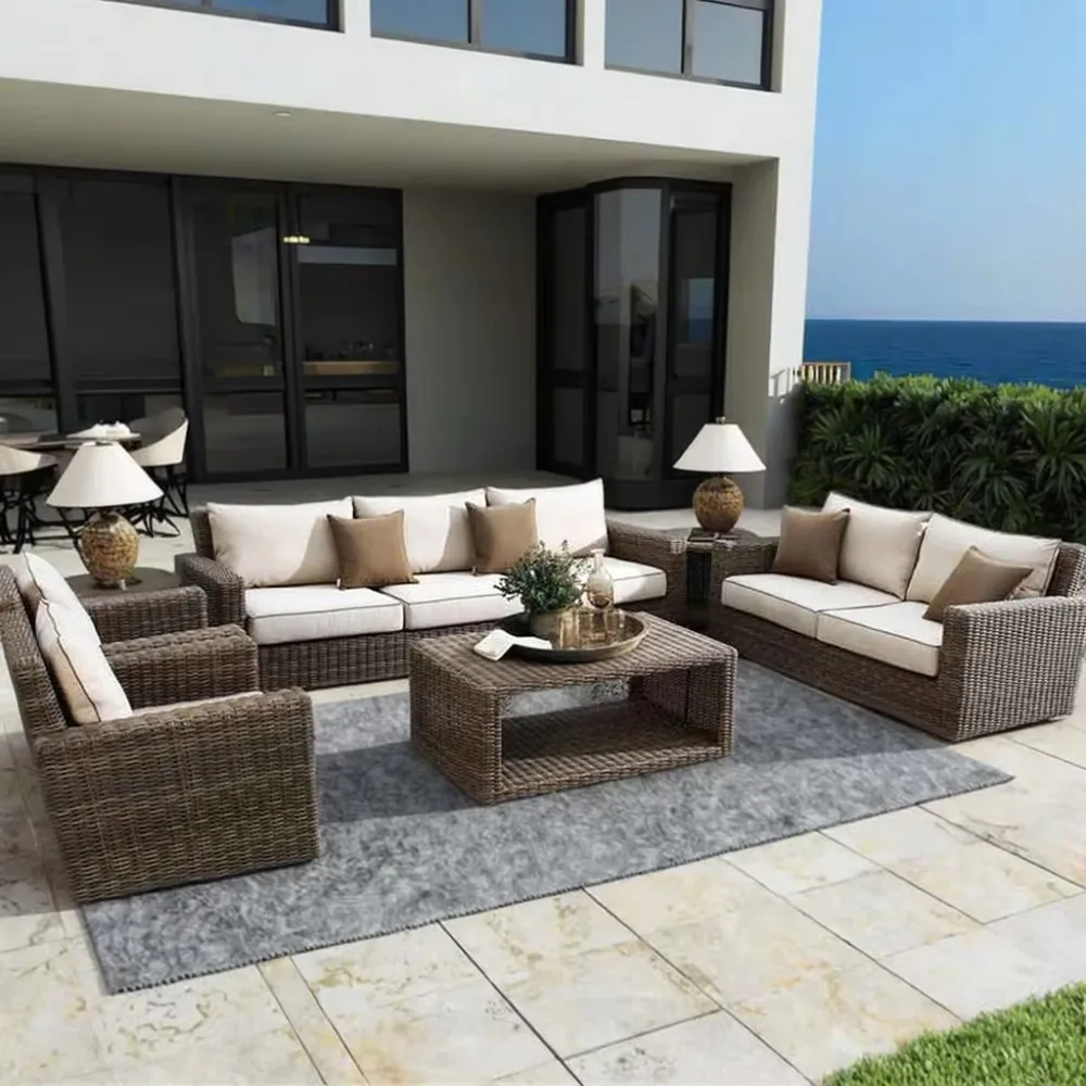 Modern Outdoor PE Rattan Furniture Set Wood Coffee Table & Balcony Living Room Sofas Patio Villa Courtyard Hotel Leisure Garden image 4