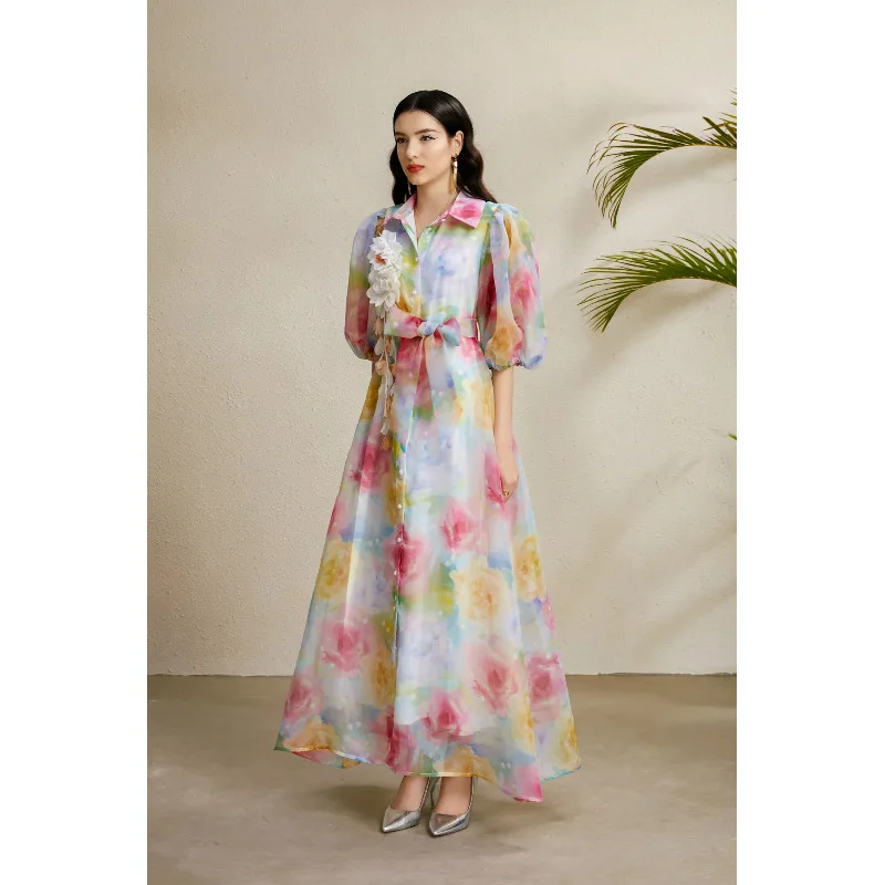 KAROLINA2025 Vestido de cuello festivo con estampado floral 3D de manga larga y manga abullonada para principios de otoño, es...