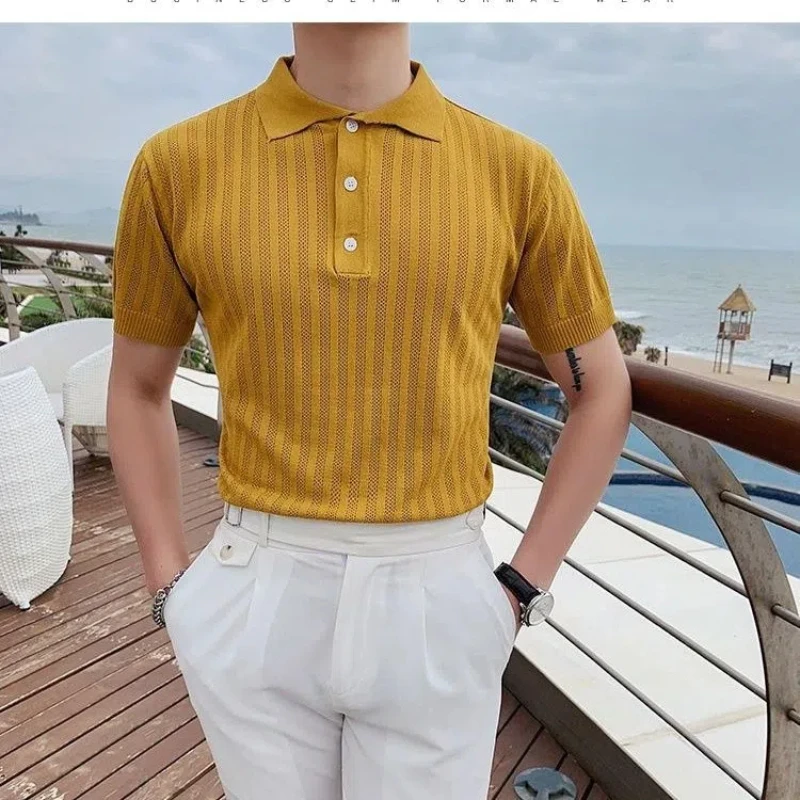 

New Summer Men's Ice Silk Knitted Hollow Poppl Shirt Short-sleeved American T-shirt Versatile