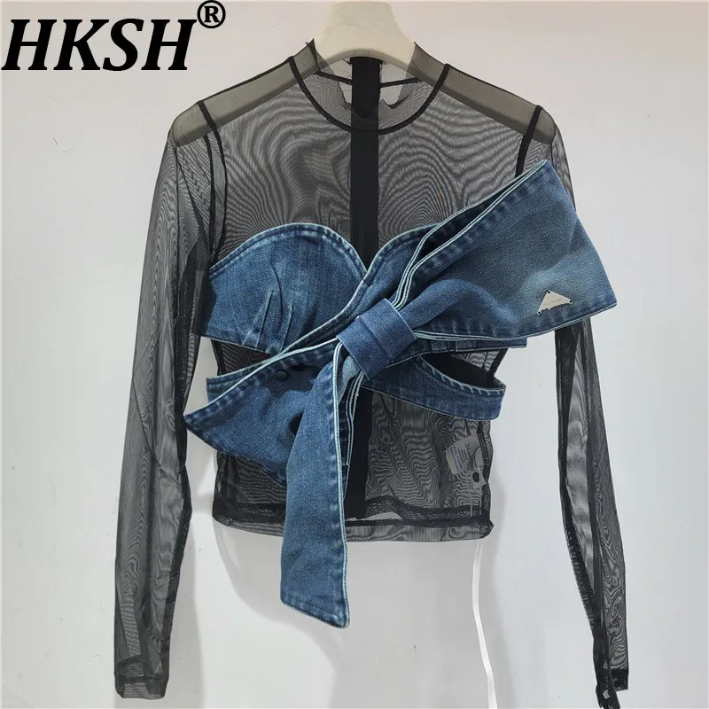 

Женская сексуальная футболка HKSH с джинсовыми вставками и бантом, прозрачная эластичная сетка, цветные блоки, имитация двухслойности, облегающий крой, длинные рукава, шикарный топ HK20430