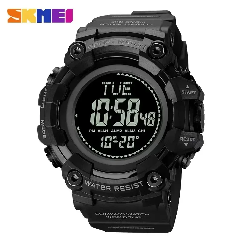 

SKMEI Mens 50M Waterproof Back Light Digital Wristwatch reloj hombre Multifunctional World Time Compass Countdown Sport Watches