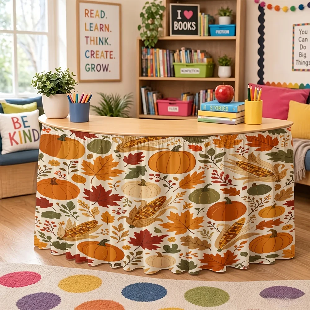 Halloween, Christmas, homecoming, table skirt 1 orange base color pumpkin maple corn and other printing elements