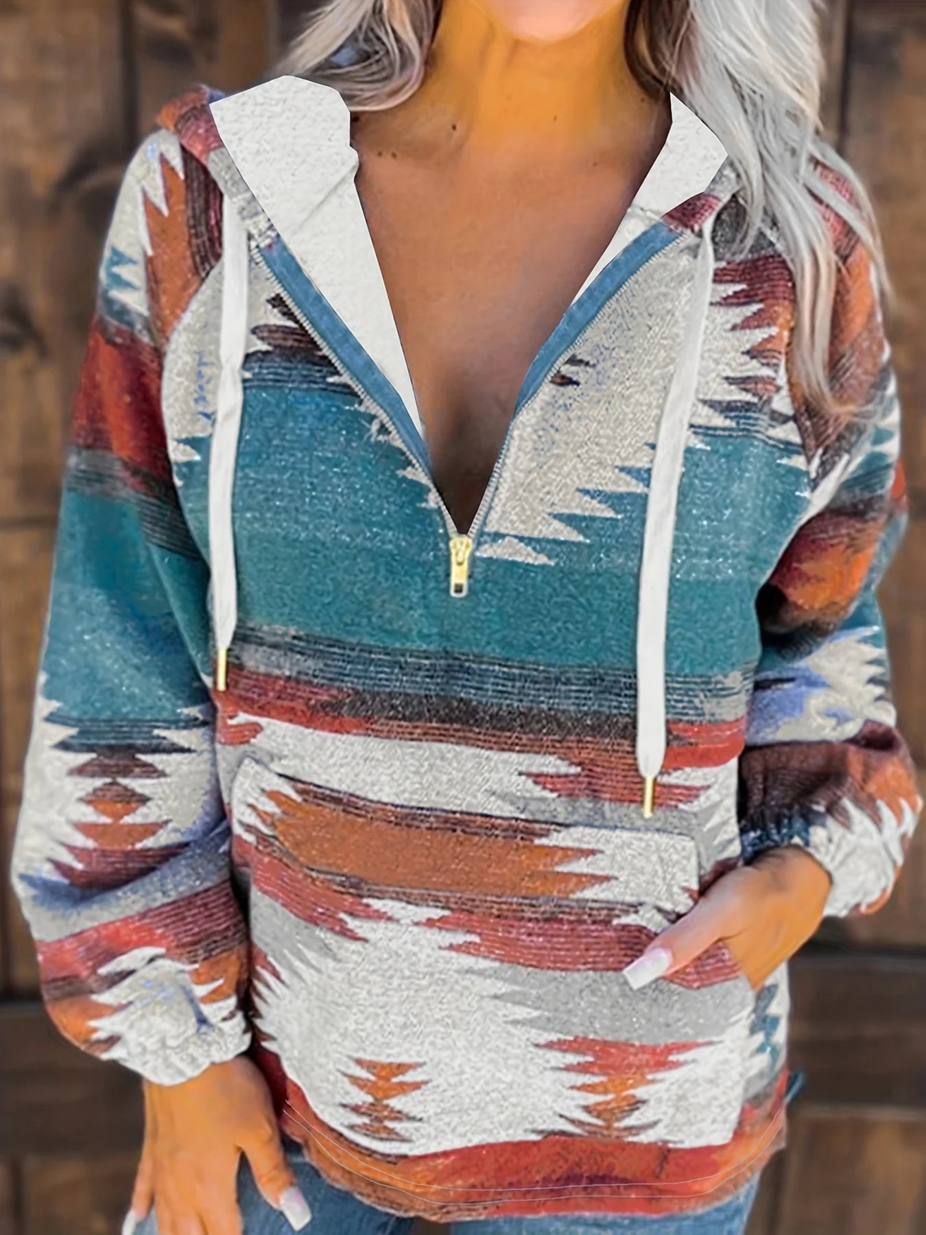 Women Casual Printed Hoodies Sweatshirts Fashion Full Long Sleeve Pullover Tops Ladies Basic Half Zip Up Tops With Pocket