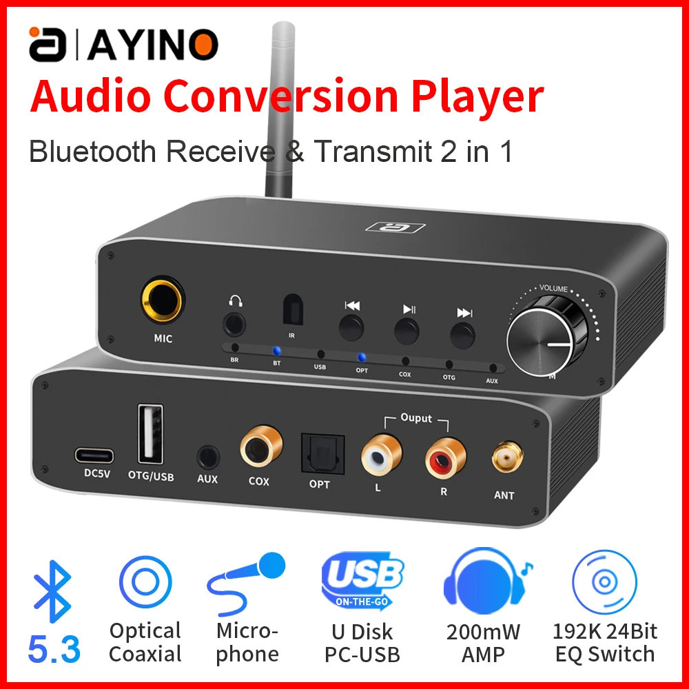 

2 IN 1 Bluetooth 5.3 Audio Transmitter Receiver 192K DAC Connect 3.5mm AUX 2 RCA Stereo Wireless Adapter Coaxial Optical USB