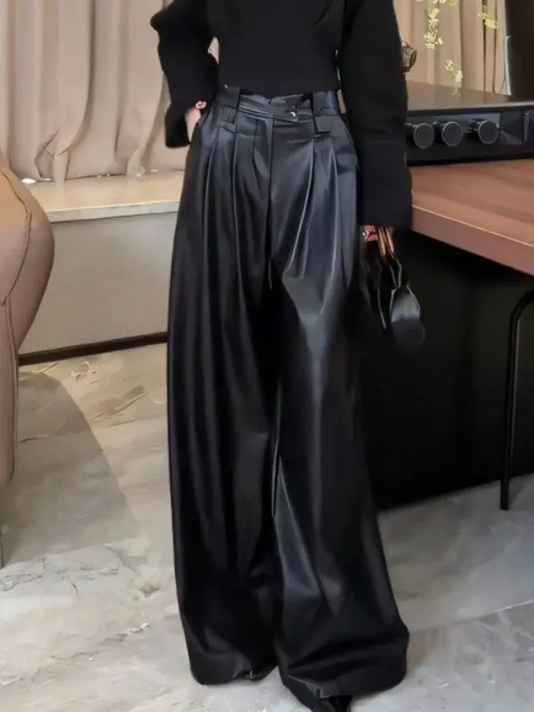 Ele Hong Kong Sle High Waist Straight Leg Bla PU Leather Pants Women's Autumn 2025 Wide Leg Casual Long Trousers