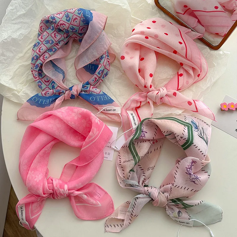Fresh Breathable Women's Soft Artistic Decoration Small Scarfs Japanese Retro Versatile Floral Cotton Linen Small Square Scarfs