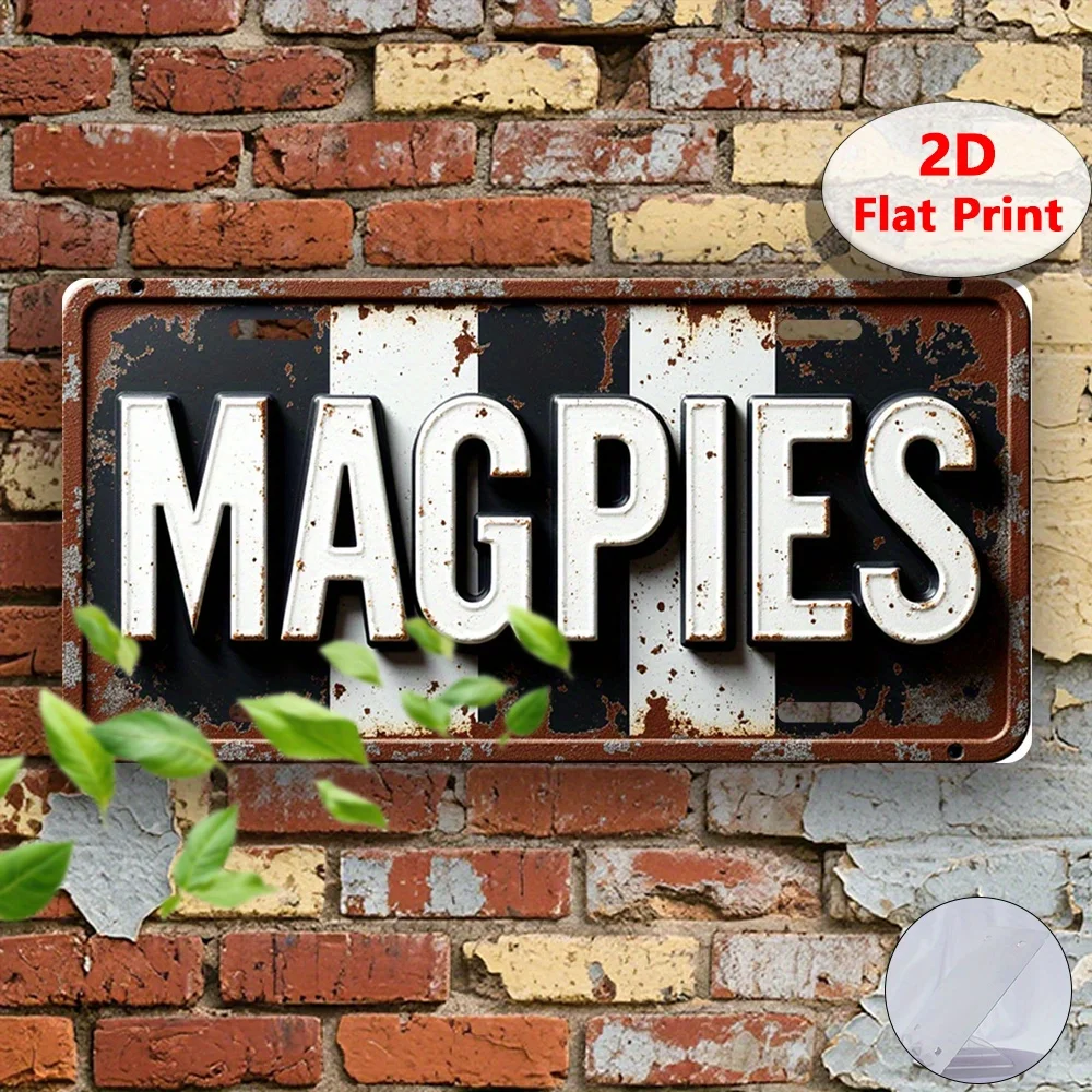 Vintage MAGPIES Metal Wall Decor - 12x5.9 Inch Retro British Sign, Rustic Distressed Aluminum, Black Outline & White Background,