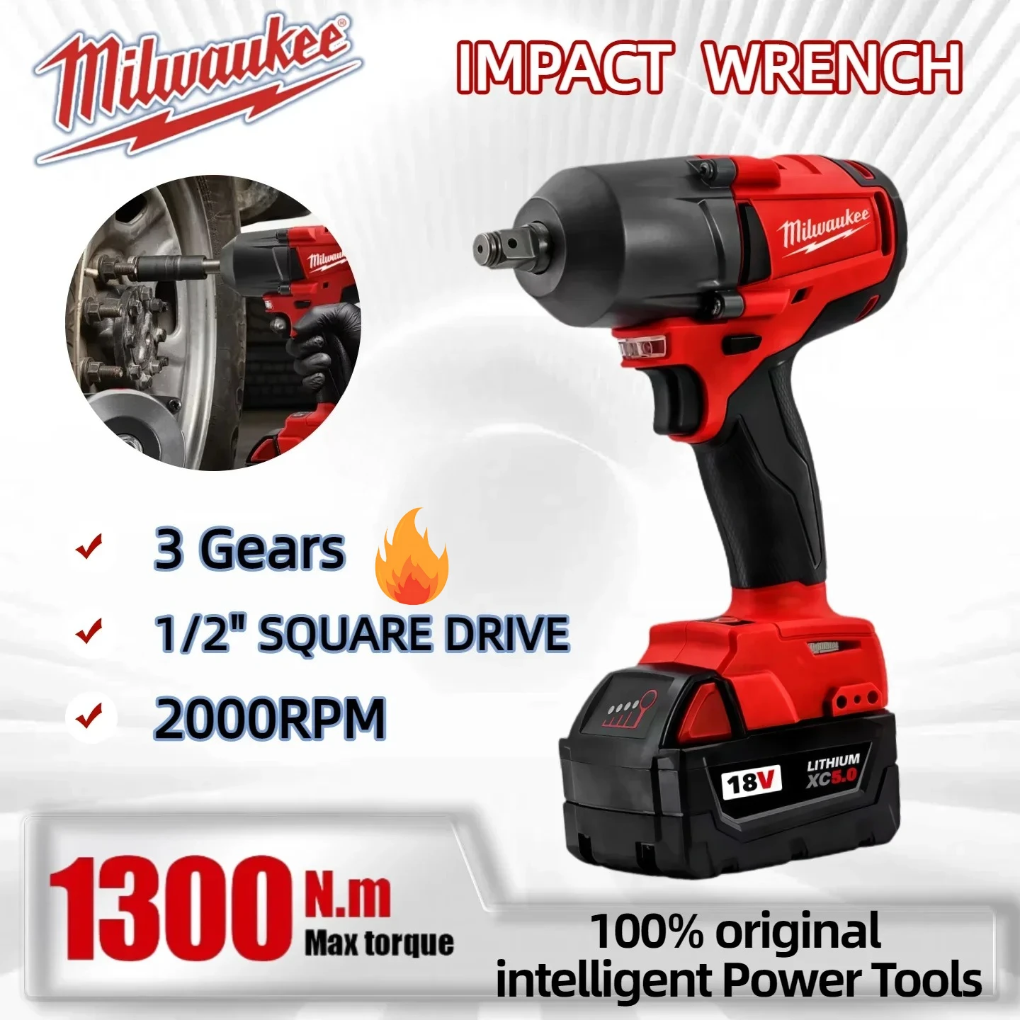 Milwaukee 1300NM Cordless Electric Wrench Large Torque Brushless Impact Wrench Car Truck Repair Power Tools 18V
