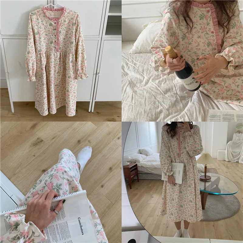 Womens Nightgowns Cotton Flower Ruffle Sleepshirts Floral Style Princess Vintage Home Dressing Gown Ladies Nightdress Sleepwear