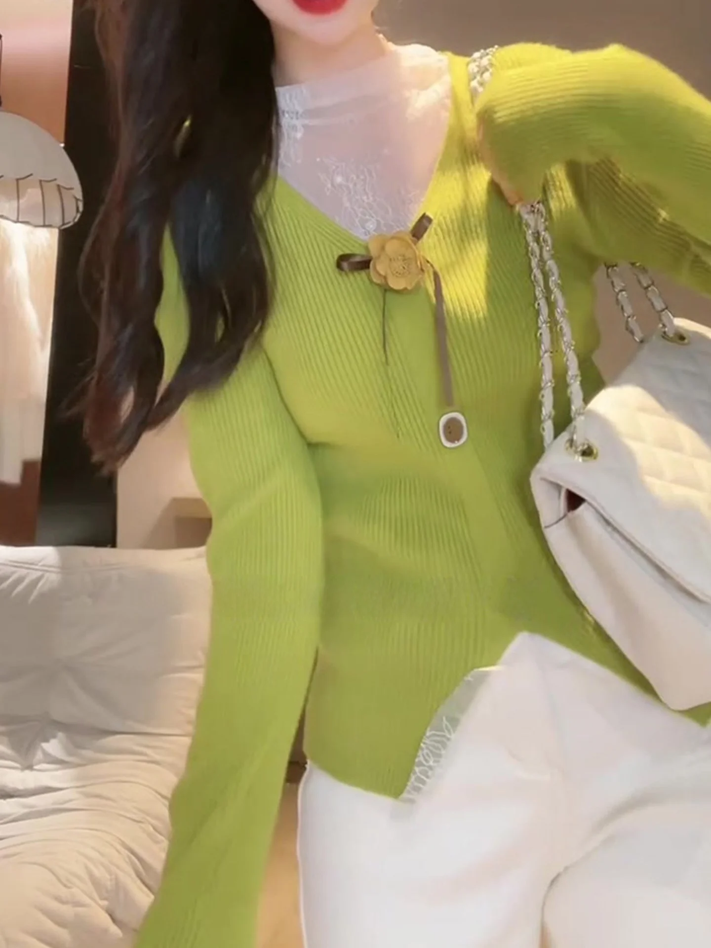 Ele Lace Splice Knitted Long Sve Women's Top Faionable Autumn Winter Base irt Commute Sle Straight Cut Korean Ve...