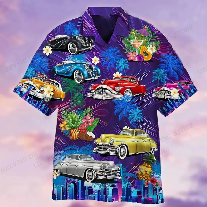 Men\'s Hawaiian Shirt Car Graphic Print Shirts Men Fashion Casual Beach Blouse Vocation Lapel Motorcycle Camisa