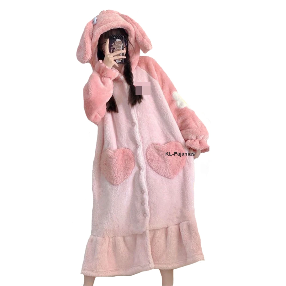 Women\'s Flannel Nightgown Winter Plush Warm Sleepwear Cosplay Rabbit Pajamas Costume Sweet Long Sleeves Sleep Dress Homewear