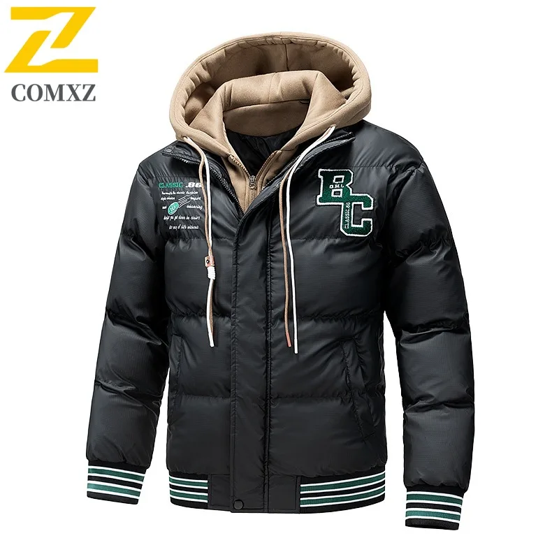COMXZ 2025 Mens Fake Two Piece Thickened Hooded Winter American style Jacket Warm Tactics Waterproof and Windproof Outdoor Coat