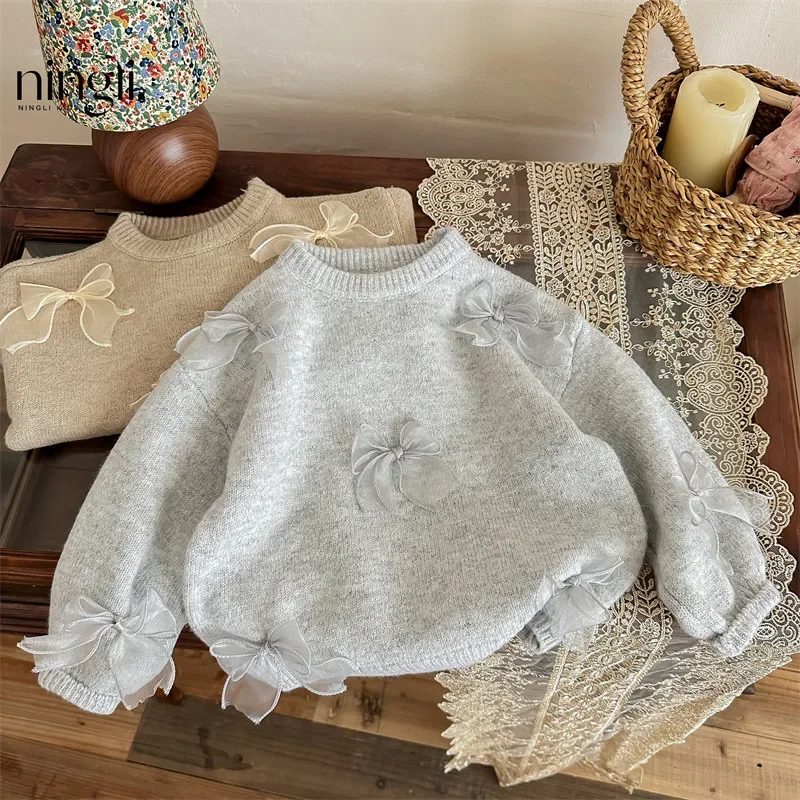 Korean Childrens Clothing 2024 Girls Sweater Autumn New Fashion Girl Korean Fashion Childrens Bow Knit Sweater