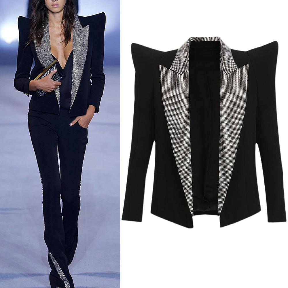 Black Suit Jacket Women\'s Catwalk Shiny Hot Diamond Stage Party Suit Collar Stand Shoulder Jacket Cardigan Blazers