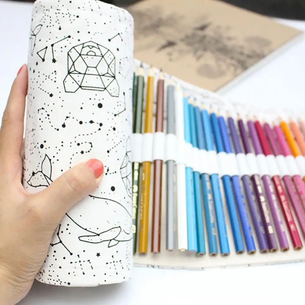 Pencil Bag 36/48/72 Holes Constellation Canvas Roll-up Pouch Pencil Case Sketch Brush Bag Office Supplies Creative Papeterie