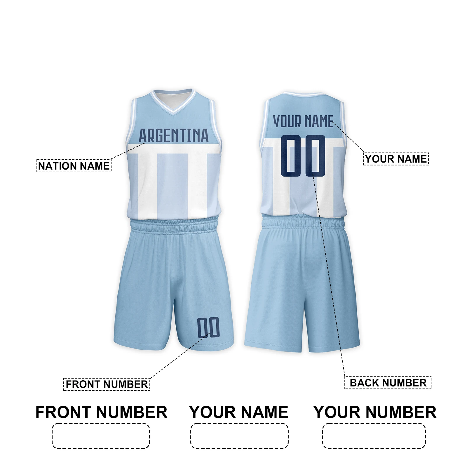 Personalisiertes Argentinien-Basketball-Trikot-Set für Kinder, individuelle Namensnummer, Jugend-Sportuniform für Jungen und Mädchen, Basketball-Outfit
