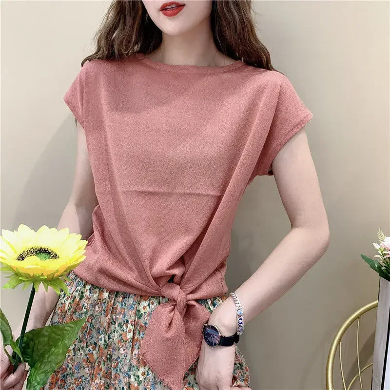 

Fashion Crew Neck Oversized Bandage Short Sleeve T-Shirt Summer Casual Pullovers Loose Commute Female Clothing Tee Shirt PH67