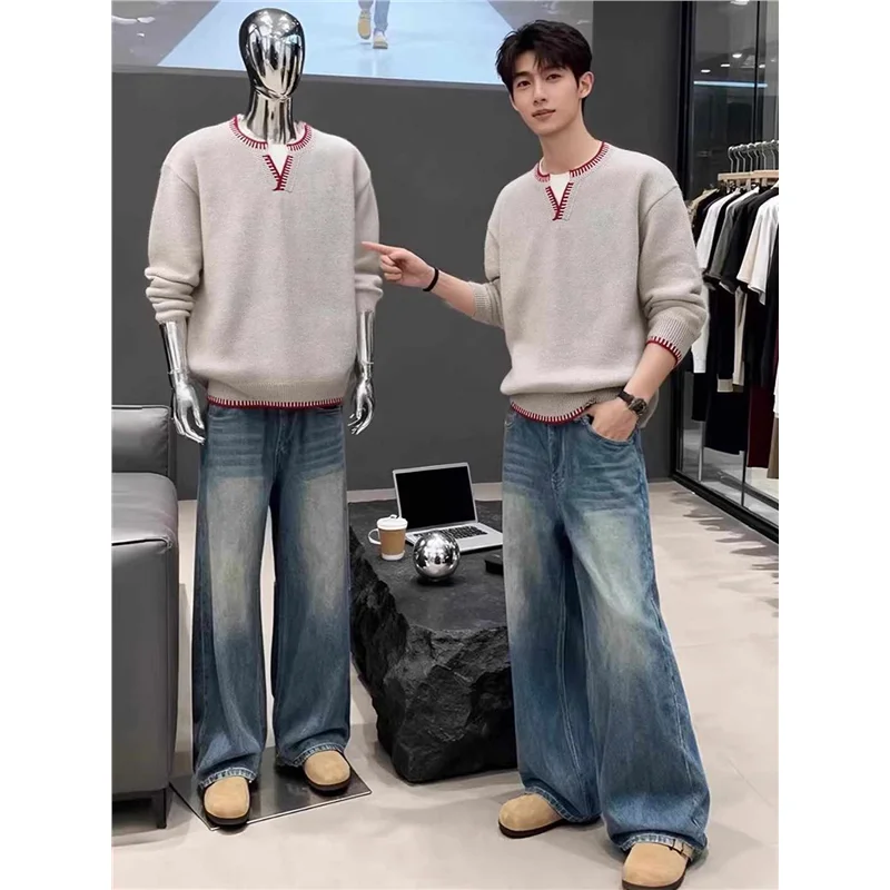 

Oaeal Color Men's Knitted Sweater V-Ne Base Layer irt Inner Wear Lazy Sle Spring Autumn Henry Collar High-End Feeling