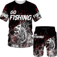 Fashion Men's Outdoor Fishing Print Shorts 2Pcs Sets Vintage 3D Print Two Piece Suit O-neck T-shirt Loose Sweatshirt Men Clothes