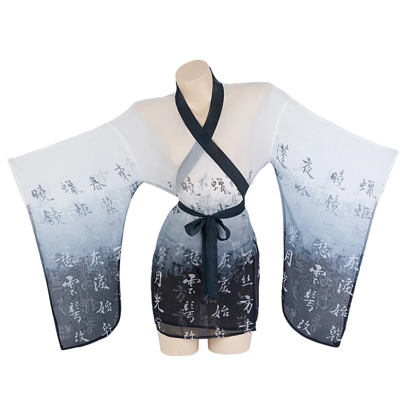 Sexy Women\'s Nightgown Chinese Ink Painting Gauze Ancient Hanfu Uniform Pajamas Ultra Thin Transparent Erotic Kimono Bathrobe