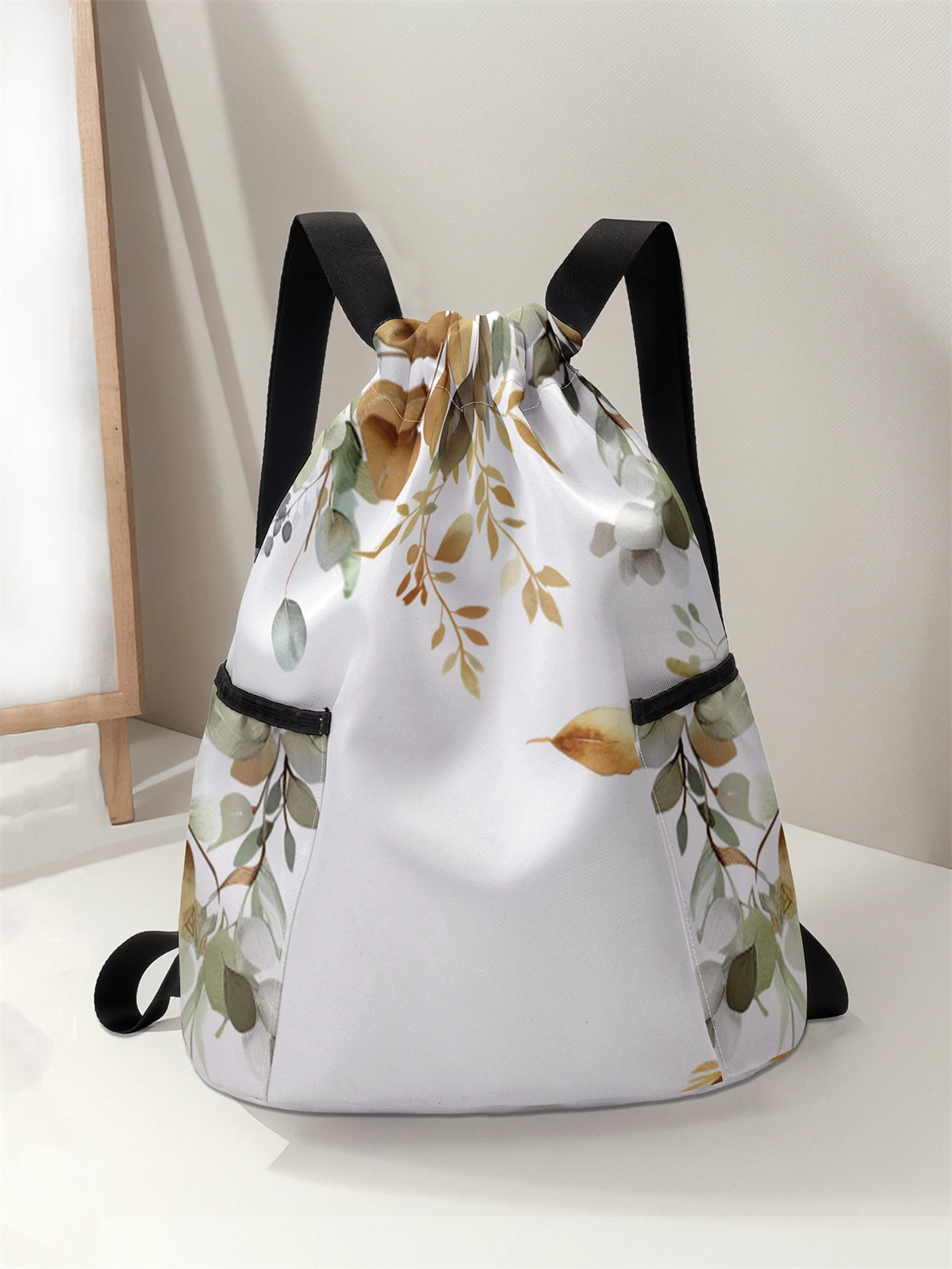 Mochila com cordão padrão de folha – Bolsa de fitness durável de grande capacidade, alças ajustáveis, mochila esportiva de praia