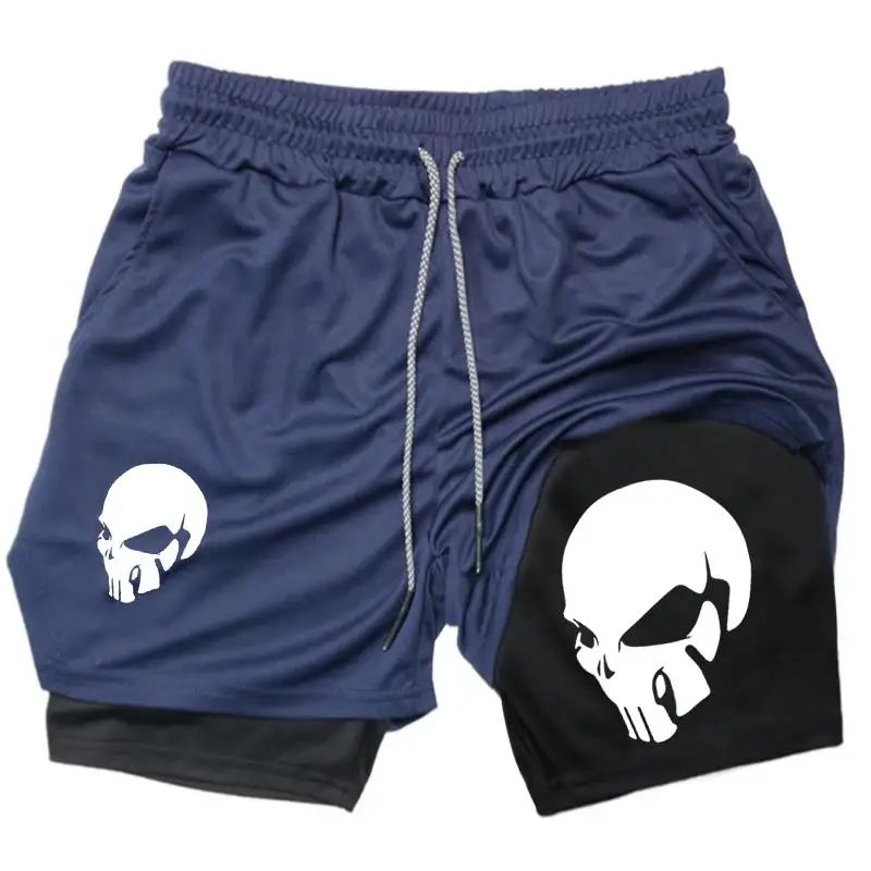 

Мужские спортивные шорты 2 в 1 с принтом скелета, быстросохнущие, эластичные, компрессионные, для фитнеса, бега и тренировок