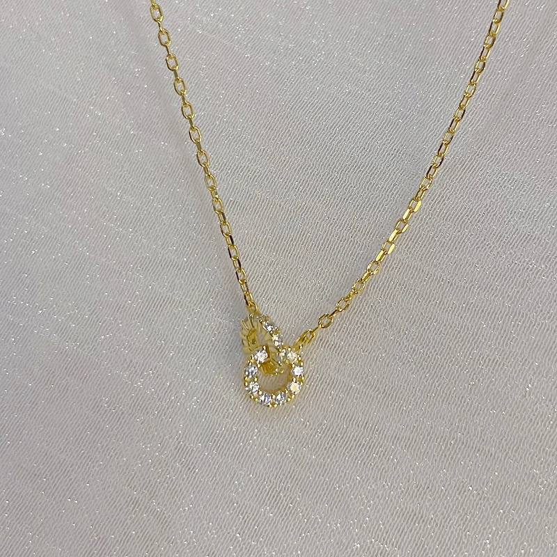 Neue S925 Silber Runde Halsband Zirkon Für Frauen Mode Kette Minimalistischen Dainty Doppel Kreis Anhänger Halskette Hals Edlen Schmuck – Detail 7
