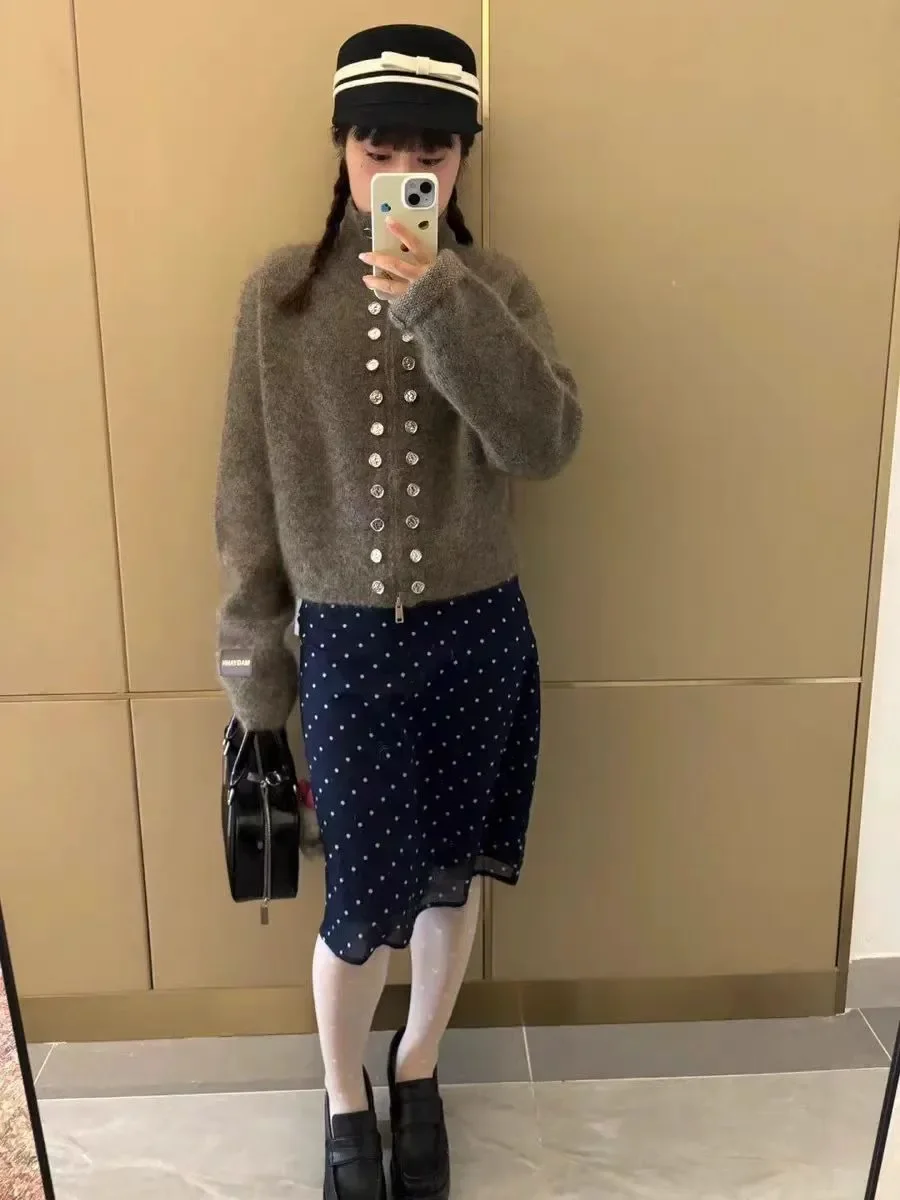 Vintage Sweet Zip Up เสื้อถักเสื้อสเวตเตอร์ถักนุ่มเสื้อกันหนาวฤดูใบไม้ร่วงพิมพ์เสื้อผ้าผู้หญิงเสื้อแขนยาวหลวม Casual Outerwear